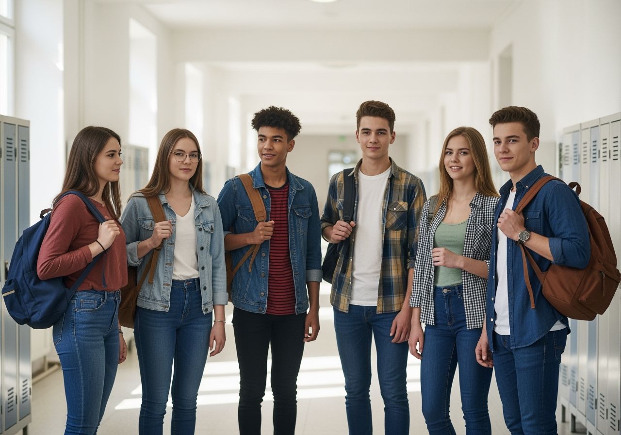 Grupa nastoletnich uczniów w szkolnym korytarzu z plecakami, naturalne pozy, realistyczne oświetlenie