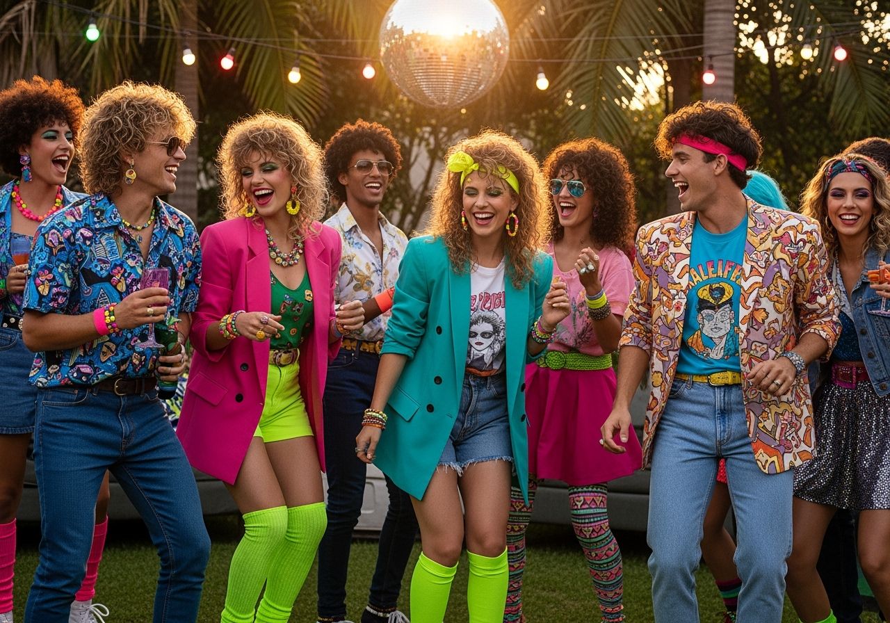 Młodzi ludzie na letniej imprezie w stylu lat 80., tańczący pod dyskotekową kulą przy palmach.