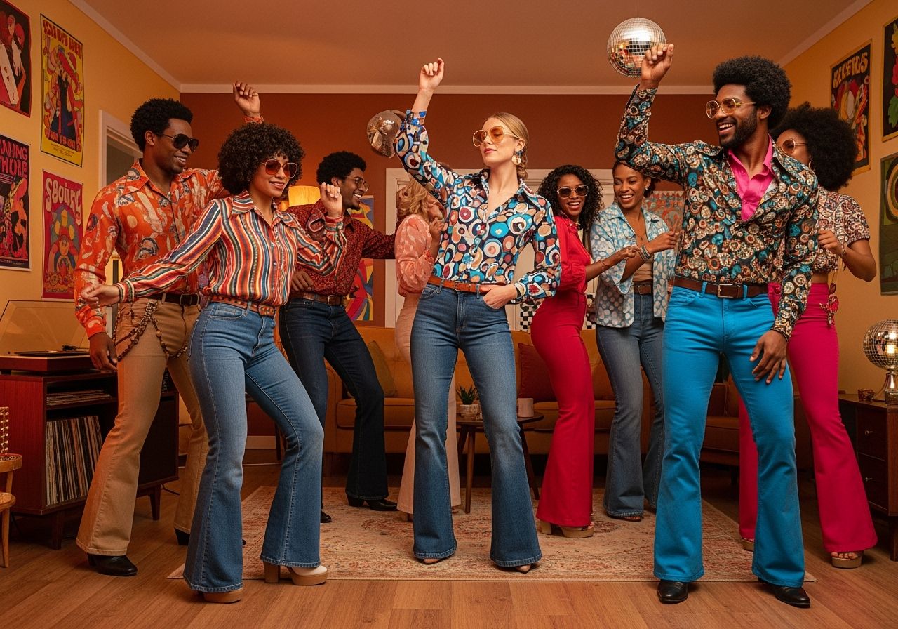 Ludzie na imprezie w stylu lat 70. w retro salonie z dyskotekowymi światłami i winylowym gramofonem