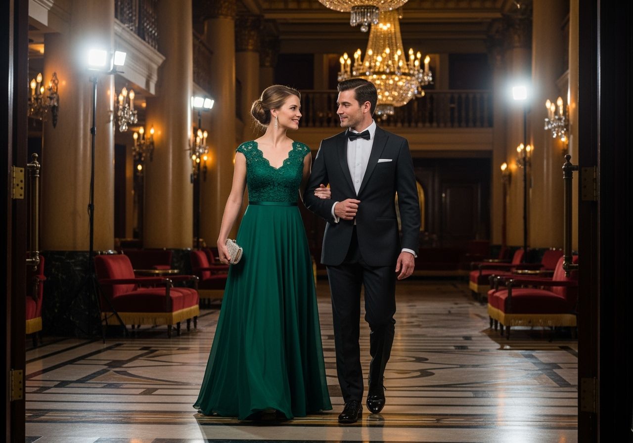 Para w eleganckim stroju wchodzi do wnętrza teatru o luksusowym wystroju i ciepłym oświetleniu