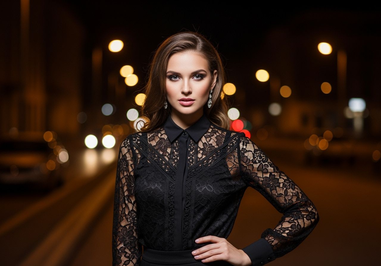 Kobieta w czarnej koronkowej bluzce na tle rozmytego miejskiego nocnego pejzażu.