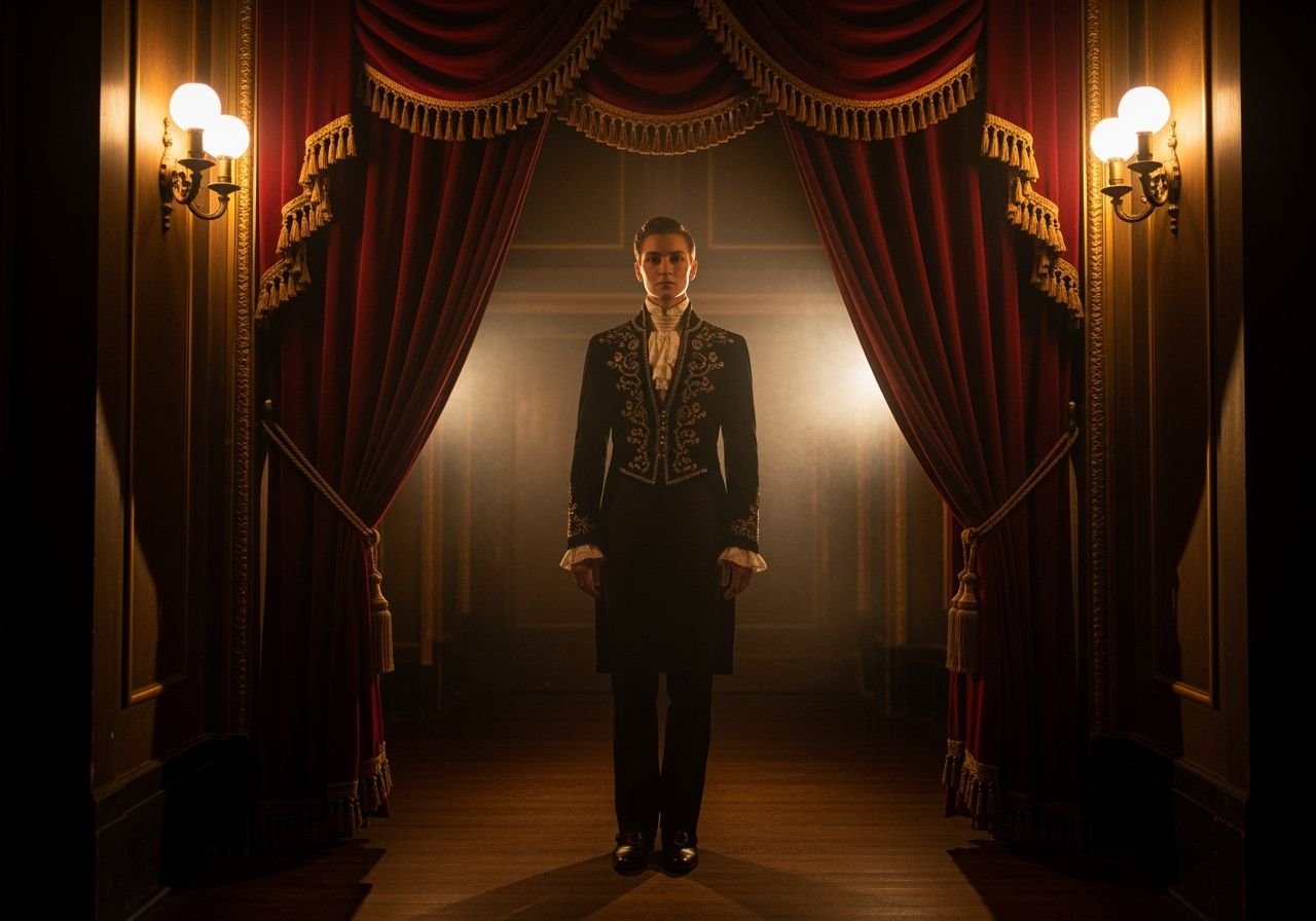 Osoba w teatralnym stroju w mrocznym korytarzu starego teatru z czerwonymi zasłonami i dymem.