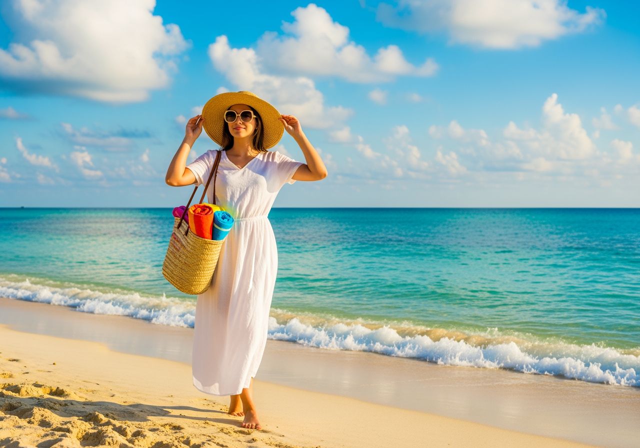 Młoda kobieta spacerująca po słonecznej plaży w kapeluszu, sukience i okularach, niosąca torbę plażową.