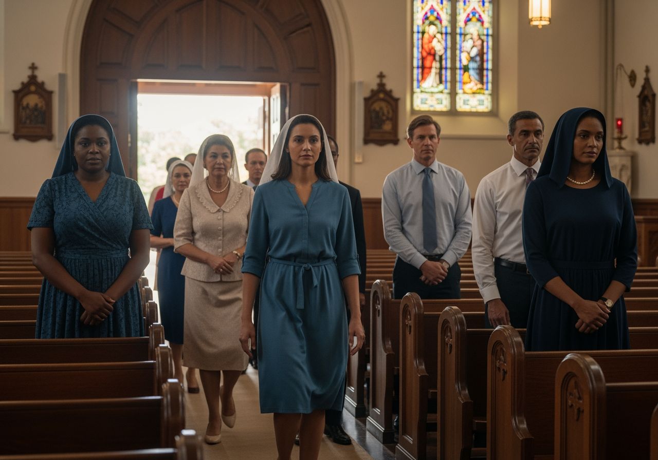 Grupa osób w skromnych strojach wchodząca do kościoła z widokiem na wnętrze i witraże