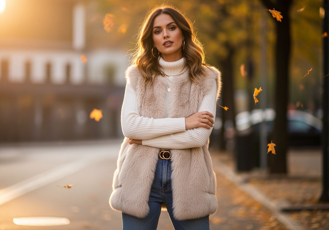 Kobieta w beżowej kamizelce futrzanej i białym golfie stoi na ulicy jesienią w miękkim świetle miejskim.