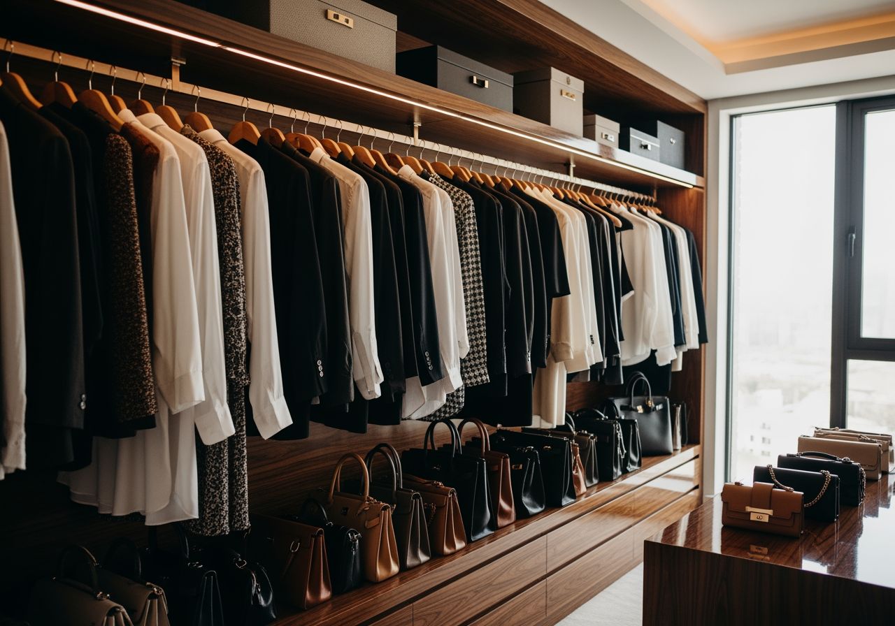 Luksusowa garderoba z eleganckimi ubraniami i akcesoriami na drewnianych i złotych wieszakach przy oknie