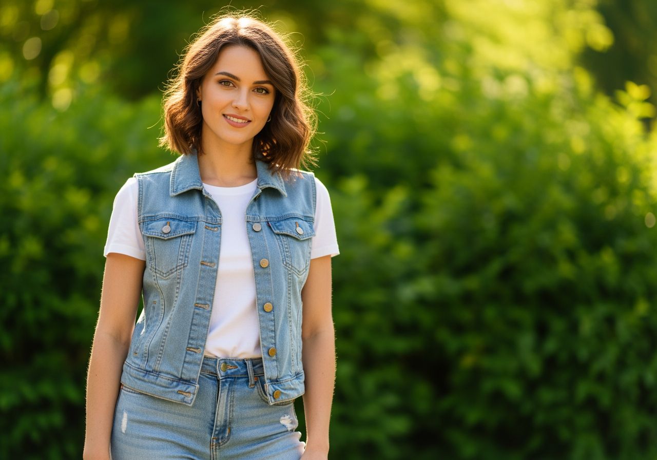 Młoda kobieta w jeansowej kamizelce i białym t-shircie na tle zieleni, uśmiechnięta na słonecznym dniu