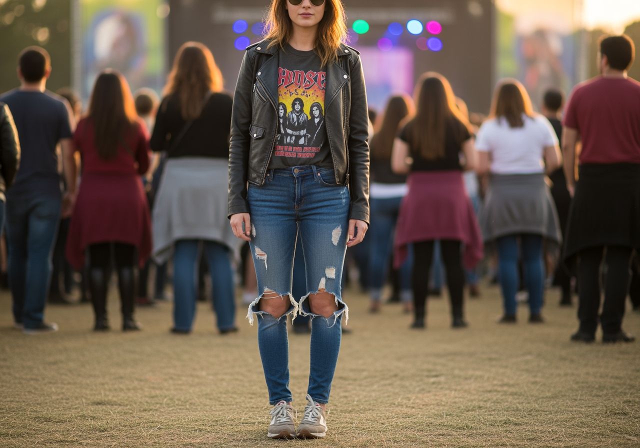 Młoda kobieta w jeansach i skórzanej kurtce na koncercie na świeżym powietrzu o zmierzchu