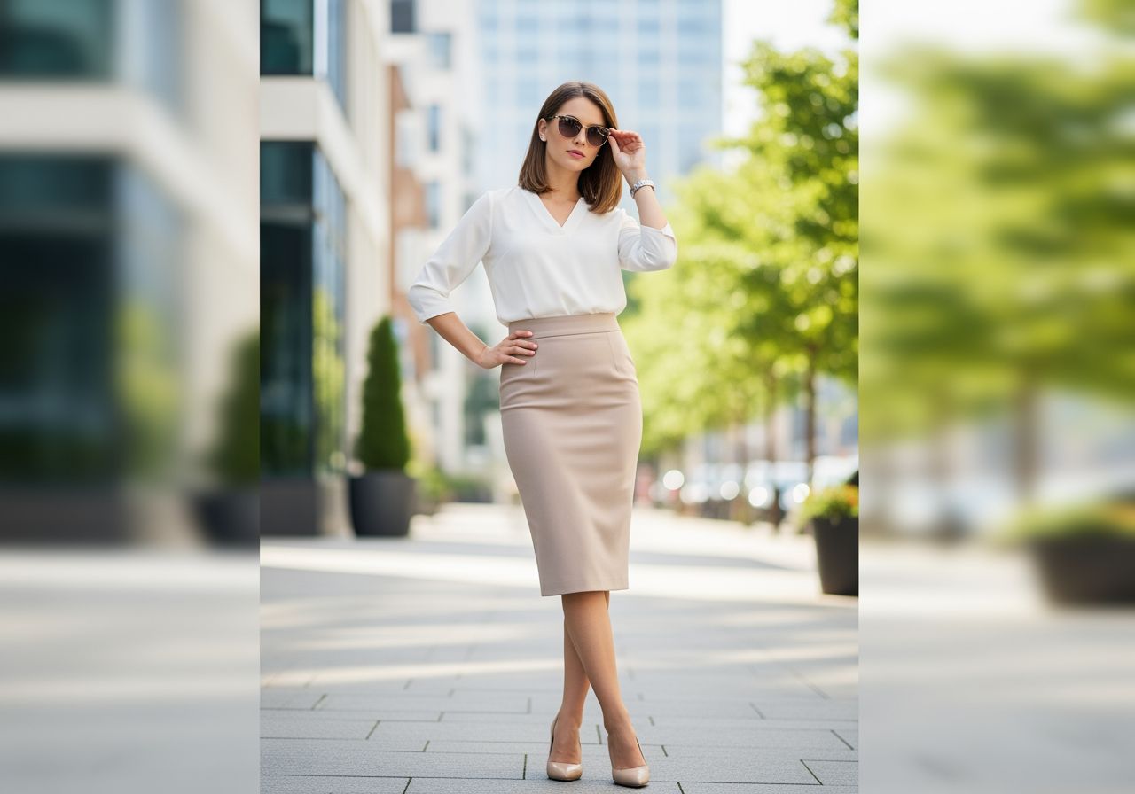 Młoda kobieta w beżowej spódnicy i białej bluzce pozuje na tle miejskiej ulicy w naturalnym świetle
