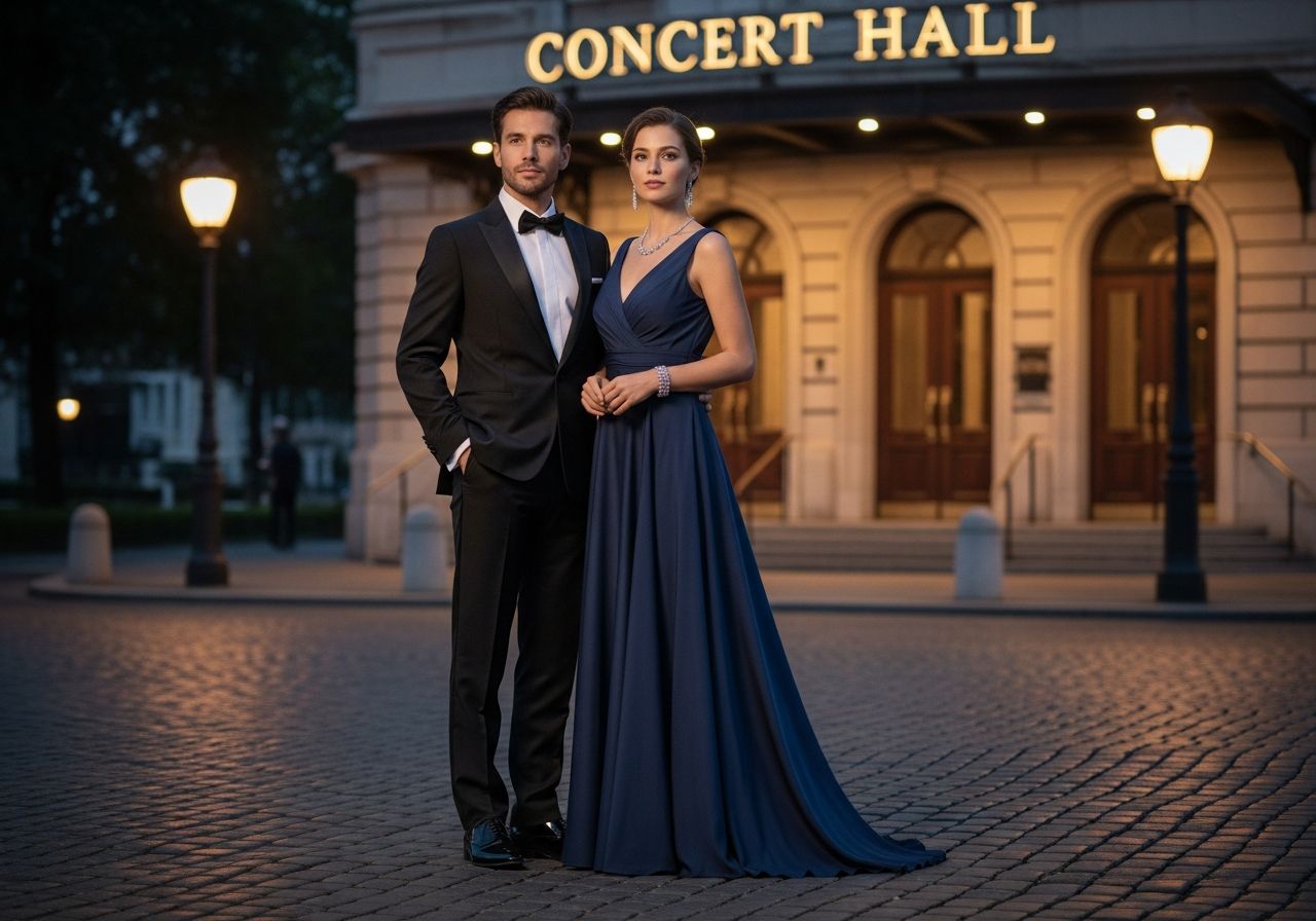 Mężczyzna w smokingu i kobieta w wieczorowej sukni stoją przed salą koncertową przy brukowanej ulicy.