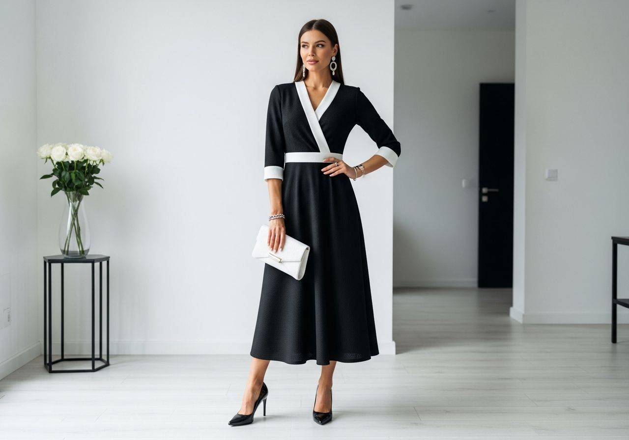 Kobieta w czarno-białej sukience z kontrastowymi dodatkami w nowoczesnym, minimalistycznym wnętrzu