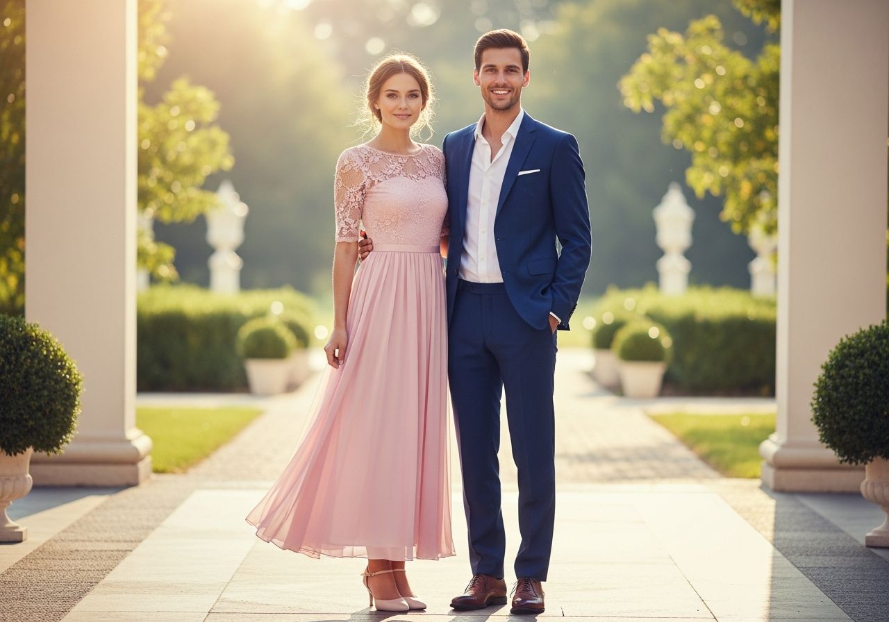 Moda ślubna: młoda para przy eleganckim plenerowym weselu w pastelowej sukience i granatowym garniturze