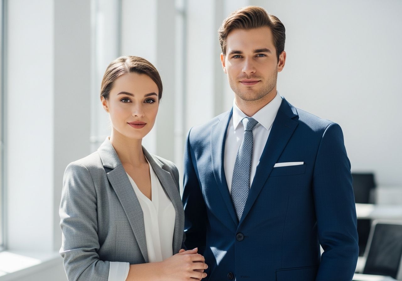 Profesjonalny mężczyzna i kobieta stoją razem w nowoczesnym biurze, ubrani w eleganckie stroje biznesowe.