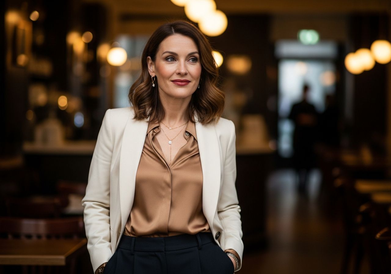 Kobieta w średnim wieku w eleganckim stroju stojąca w miejskiej kawiarni, uśmiechnięta i zrelaksowana.