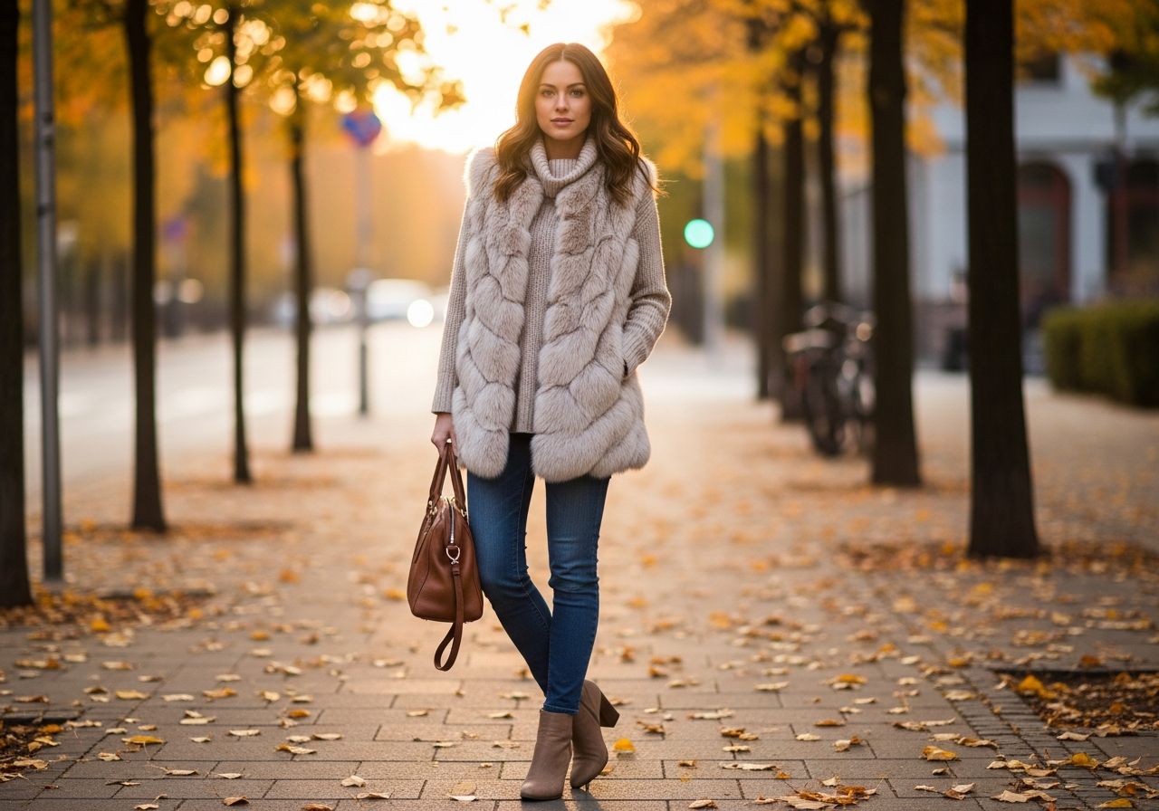 Kobieta w beżowej futrzanej kamizelce i swetrze stoi na miejskiej ulicy w jesiennym świetle.