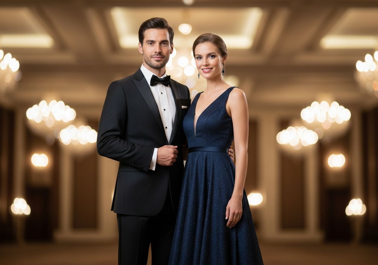 Mężczyzna w smokingu i kobieta w granatowej sukni wieczorowej na eleganckim balu