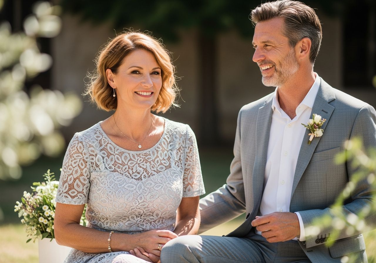 Stylowa para podczas cywilnego ślubu na tle zieleni, kobieta w koronkowej sukience, mężczyzna w szarym garniturze