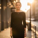 Kobieta w czarnej sukience stoi na ulicy miasta podczas złotej godziny w miejskim otoczeniu.