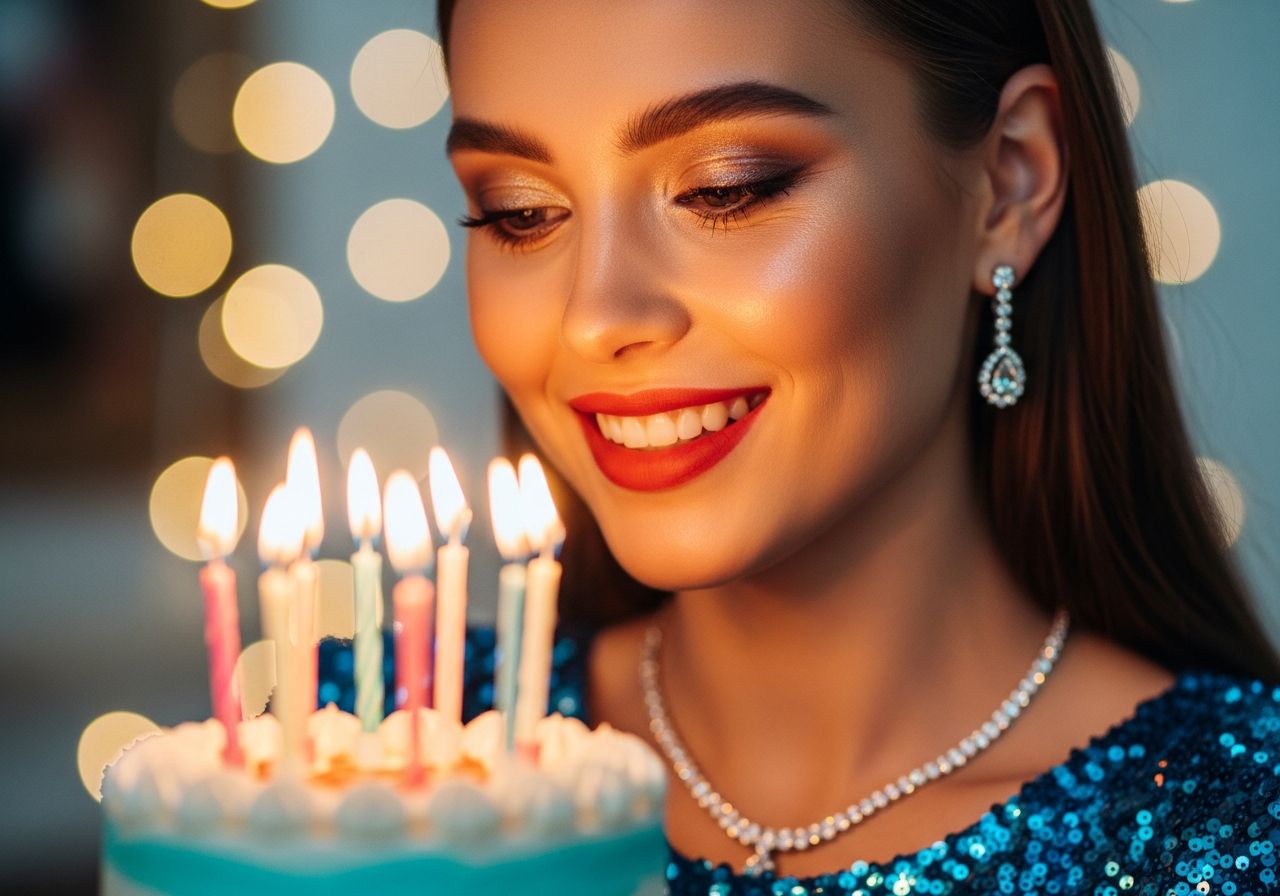 Młoda kobieta w sukience na urodzinach trzyma tort z zapalonymi świeczkami na tle rozmytego tła.