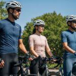 Różnorodna grupa kolarzy w sportowej odzieży stoi z rowerami w miejskim parku w słoneczny dzień