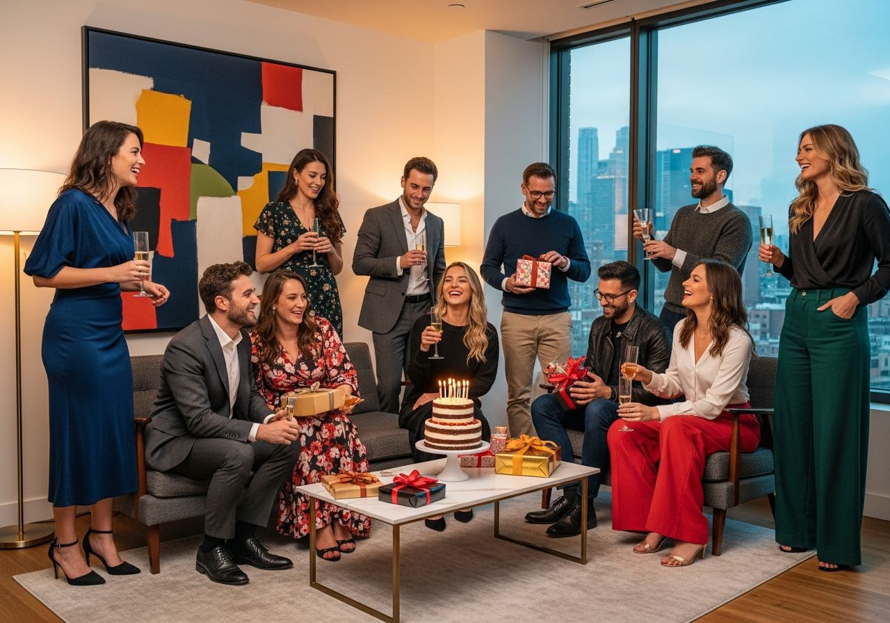 Grupa dorosłych świętuje urodziny w nowoczesnym salonie, ubrana w modne stroje, radosna atmosfera.