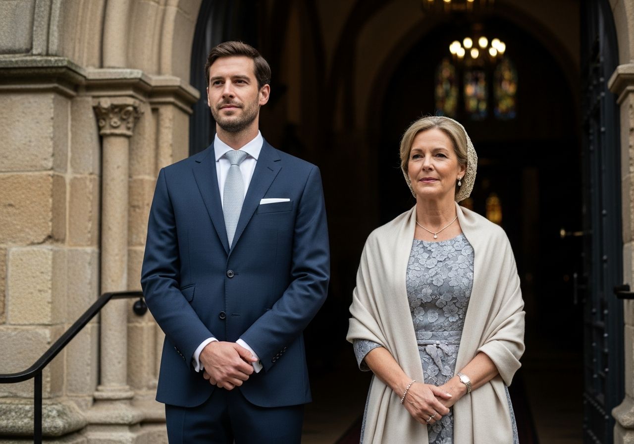 Mężczyzna w granatowym garniturze i kobieta w skromnej sukience stoją przed wejściem do kościoła.