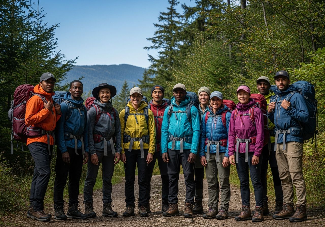 Grupa turystów na leśnej ścieżce w różnym ubraniu trekkingowym, w tle góry i niebo.