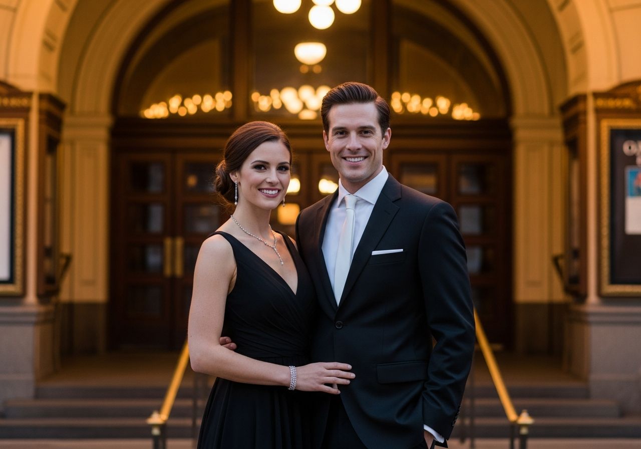 Para elegancko ubrana na wieczór w teatrze, stojąca przed zabytkowym wejściem w ciepłym świetle wieczoru