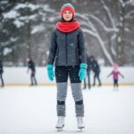 Młoda kobieta na zamarzniętym lodowisku zimą, ubrana do łyżwiarstwa, wokół pada śnieg i drzewa.