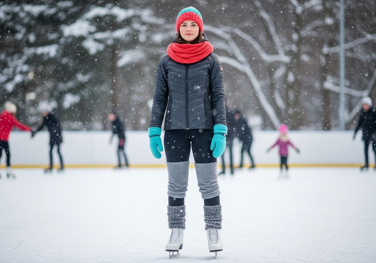 Młoda kobieta na zamarzniętym lodowisku zimą, ubrana do łyżwiarstwa, wokół pada śnieg i drzewa.