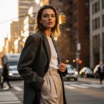 Młoda kobieta w marynarce, białej koszuli i spodniach stoi na ulicy o zachodzie słońca