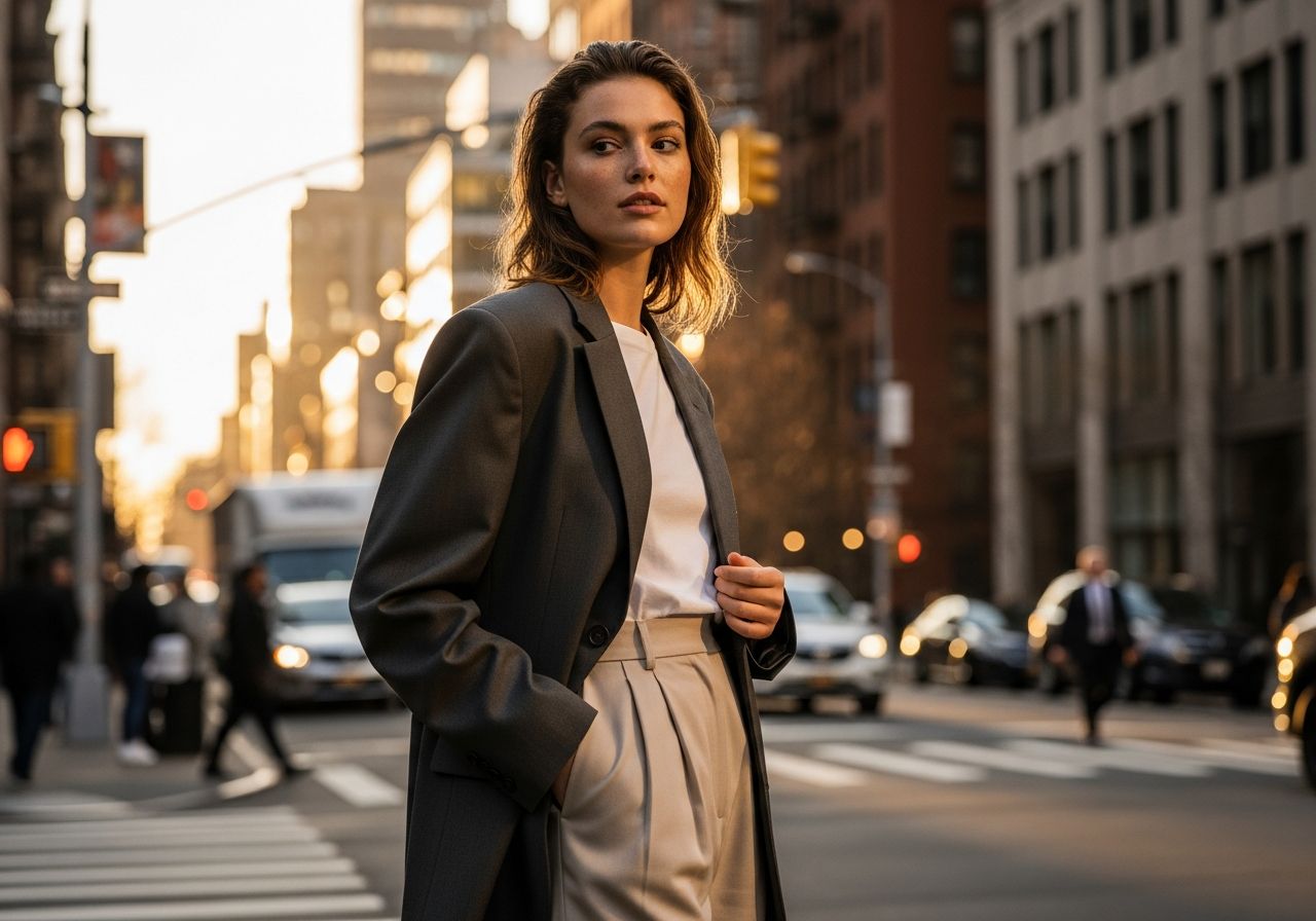 Młoda kobieta w marynarce, białej koszuli i spodniach stoi na ulicy o zachodzie słońca