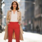 Młoda kobieta w czerwonych spodniach i białej bluzce na miejskiej ulicy w naturalnym świetle