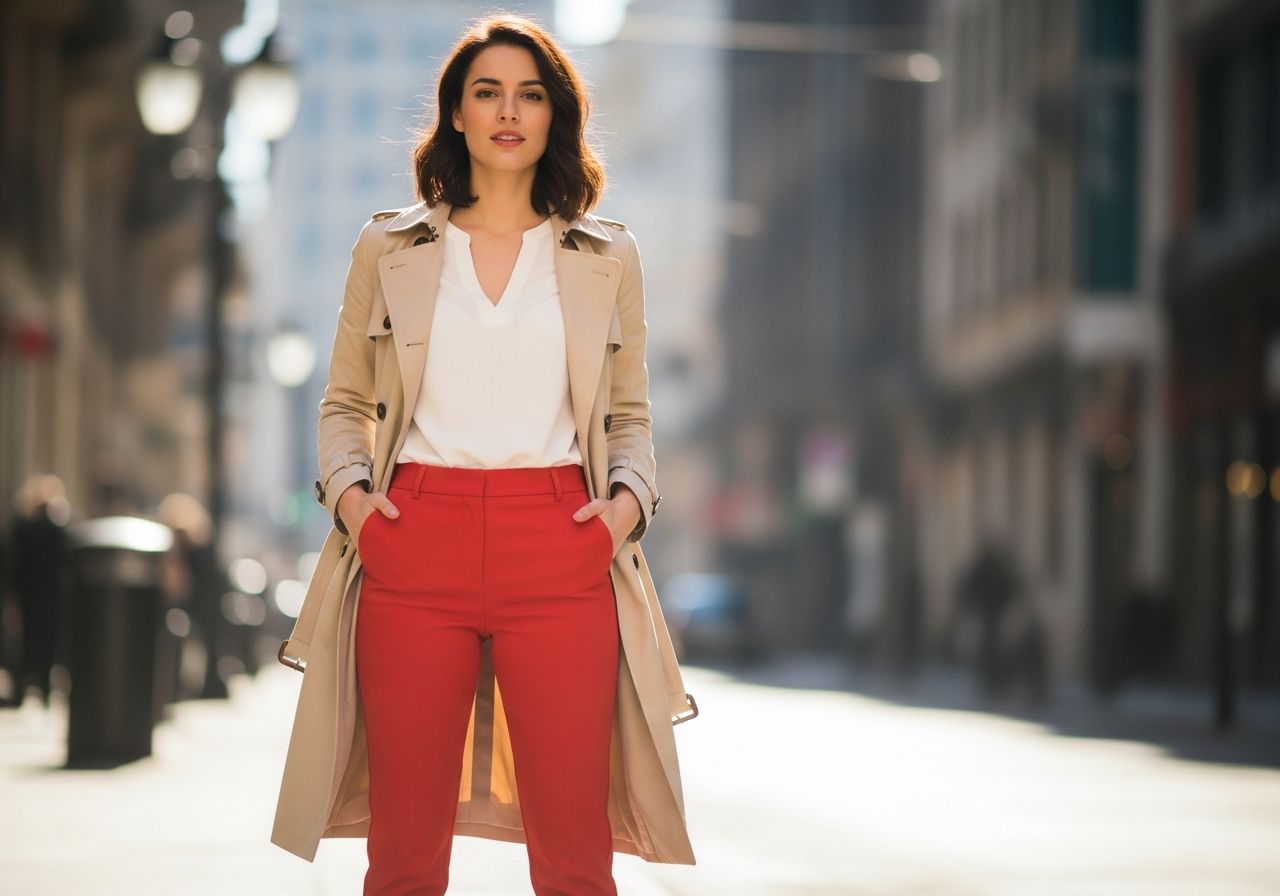 Młoda kobieta w czerwonych spodniach i białej bluzce na miejskiej ulicy w naturalnym świetle
