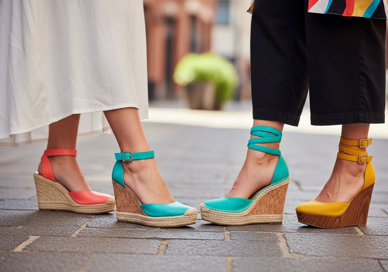 Stylowe kobiece koturny na tle miejskiej ulicy z fakturowaną nawierzchnią, naturalne światło, wyraźne detale.