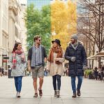 Cztery osoby w różnej odzieży sezonowej spacerują razem po miejskiej ulicy w świetle dziennym
