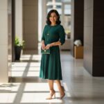 Kobieta w ciemnozielonej sukience i złotej biżuterii stoi w nowoczesnym, dobrze oświetlonym wnętrzu