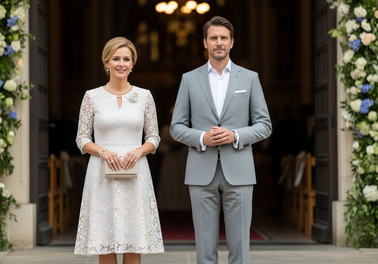 Elegancko ubrani mężczyzna i kobieta stoją przed kościołem podczas chrztu w świetle dziennym.