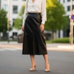 Kobieta w czarnej skórzanej spódnicy i białej bluzce stoi na ulicy oświetlona ciepłym światłem miasta.