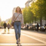 Młoda kobieta w casualowej stylizacji idzie ulicą miasta oświetloną ciepłym światłem złotej godziny.