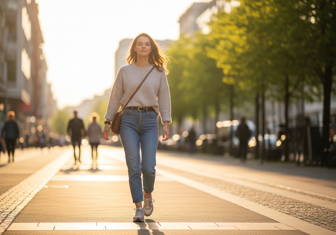 Młoda kobieta w casualowej stylizacji idzie ulicą miasta oświetloną ciepłym światłem złotej godziny.