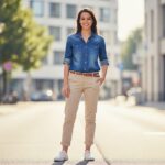 Młoda kobieta w niebieskiej dżinsowej koszuli i jasnych chinosach na ulicy miasta w naturalnym świetle.