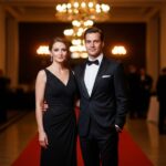 Para w wieczorowych strojach na czerwonym dywanie podczas eleganckiego balu w luksusowej sali