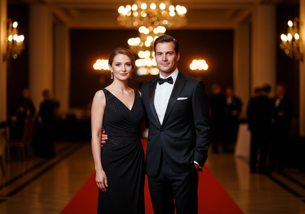 Para w wieczorowych strojach na czerwonym dywanie podczas eleganckiego balu w luksusowej sali