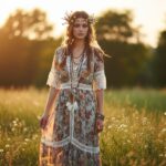 Młoda kobieta w boho sukni wśród traw i kwiatów o zachodzie słońca w naturalnym otoczeniu