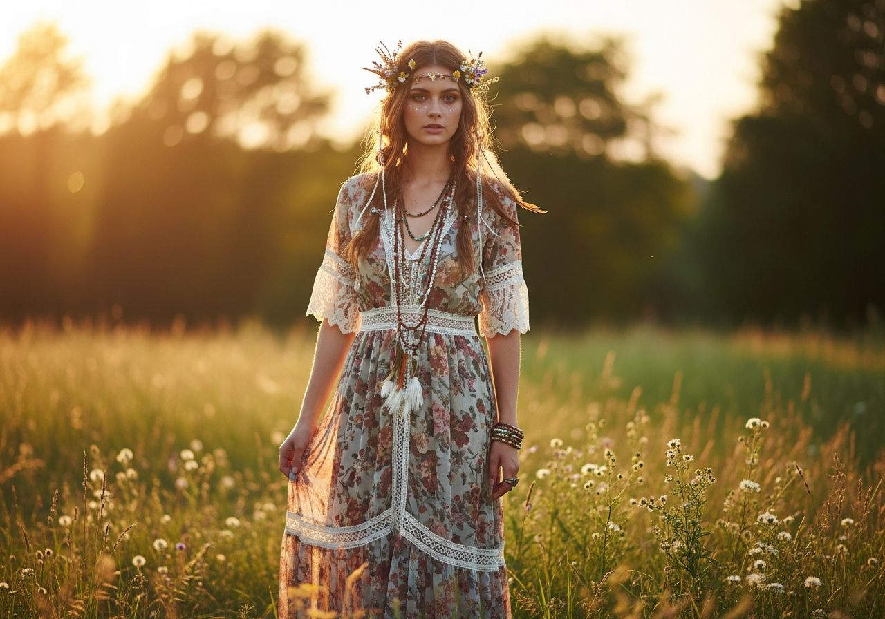 Młoda kobieta w boho sukni wśród traw i kwiatów o zachodzie słońca w naturalnym otoczeniu