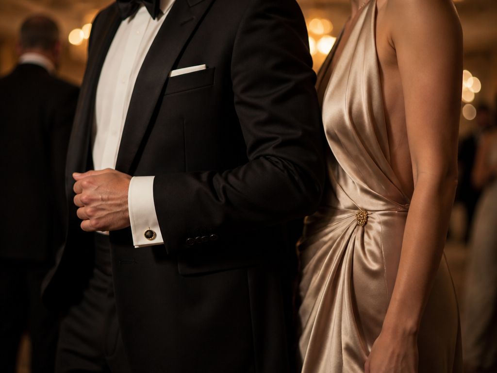 Elegancki mankiet smokingu ze spinką i tekstura jedwabnej sukni wieczorowej na tle luksusowej sali balowej.