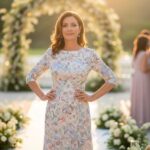 Elegancka kobieta w pastelowej sukience stoi pewnie na tle weselnych dekoracji i gości.