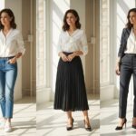 Kobieta w białej bluzce w trzech stylizacjach: casual, eleganckiej i profesjonalnej, na minimalistycznym tle