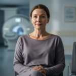 Kobieta w średnim wieku siedzi spokojnie w poczekalni szpitala, w tle rozmyta maszyna MRI
